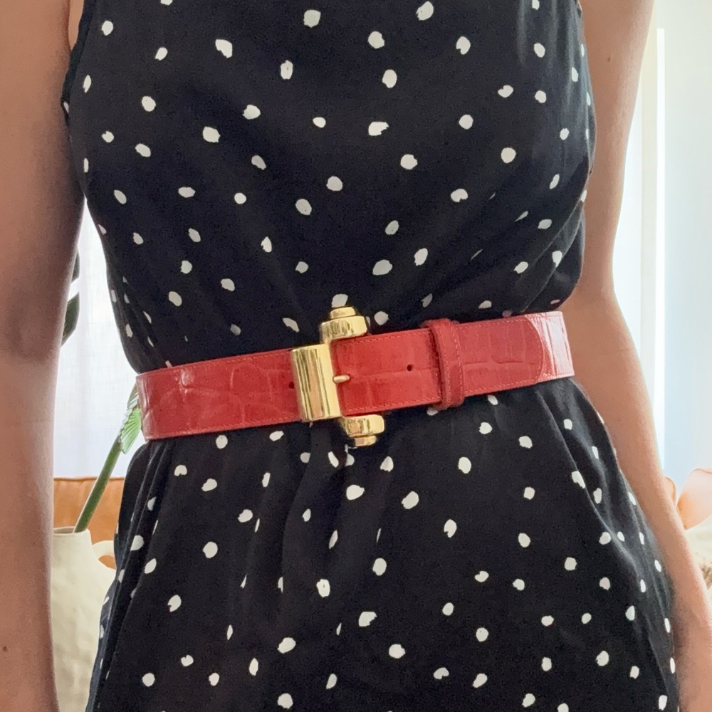 Vintage Red Orange wide belt with bold gold buckle